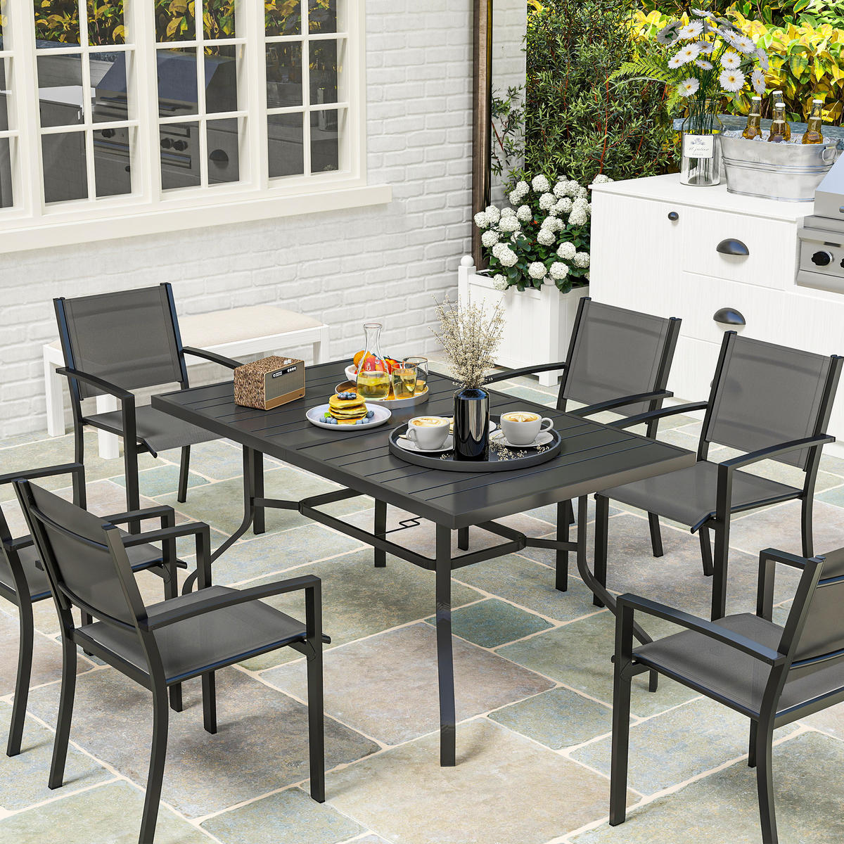 GARTENTISCH DE-07280 mit Schirmloch und Lattendesign Schwarz - Schwarz, Metall (152/90/74cm) - ComfortXL
