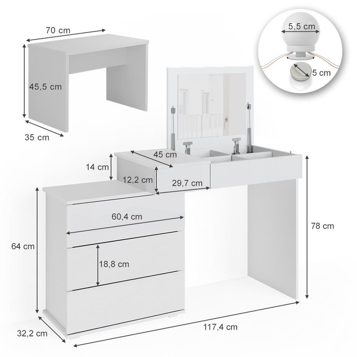 SCHMINKTISCH Lotos Weiß 117.4 cm mit LED Beleuchtung und Bank - Weiß, Holzwerkstoff (117.4/78/45cm) - Vicco