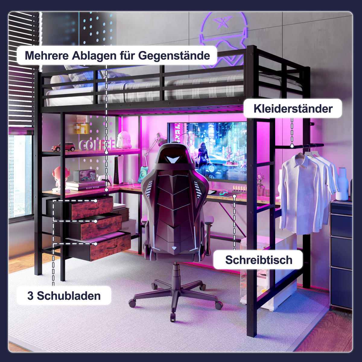 HOCHBETT 90x200cm Schwarz LED-Licht Schreibtisch Steckdose USB 3 Schubladen - Schwarz, Metall (90/200cm) - FLIEKS