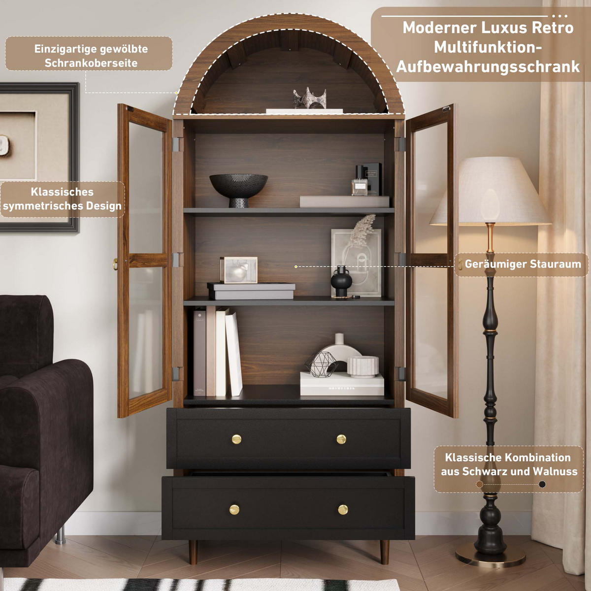 KOMMODE Retro Glas verstellbar Sideboard modern Aufbewahrung - Walnussfarben, Holzwerkstoff (70/168/38cm) - FLIEKS
