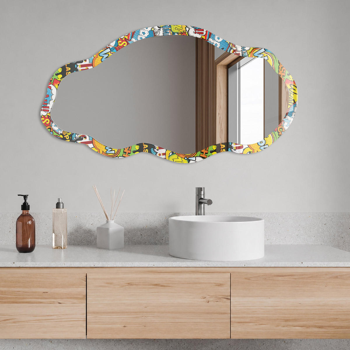 SPIEGEL 90x45 cm asymmetrisch mit Druck - Pop-Art-Comic - Transparent, Glas (45/90/0.4cm) - TULUP