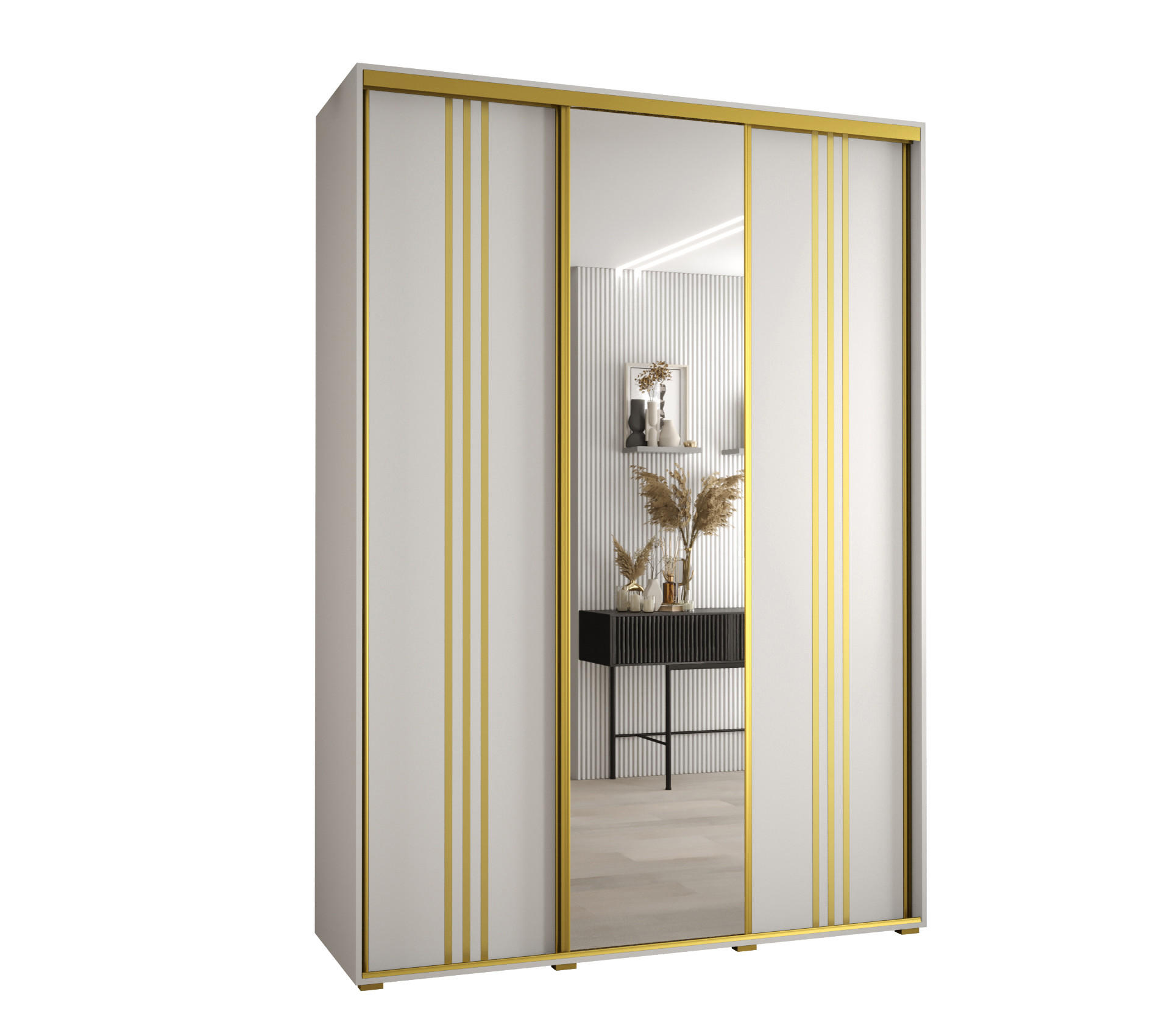Abiks Möbel Schwebetürenschrank Weiß, Weiß, Gold 180x235x60 cm