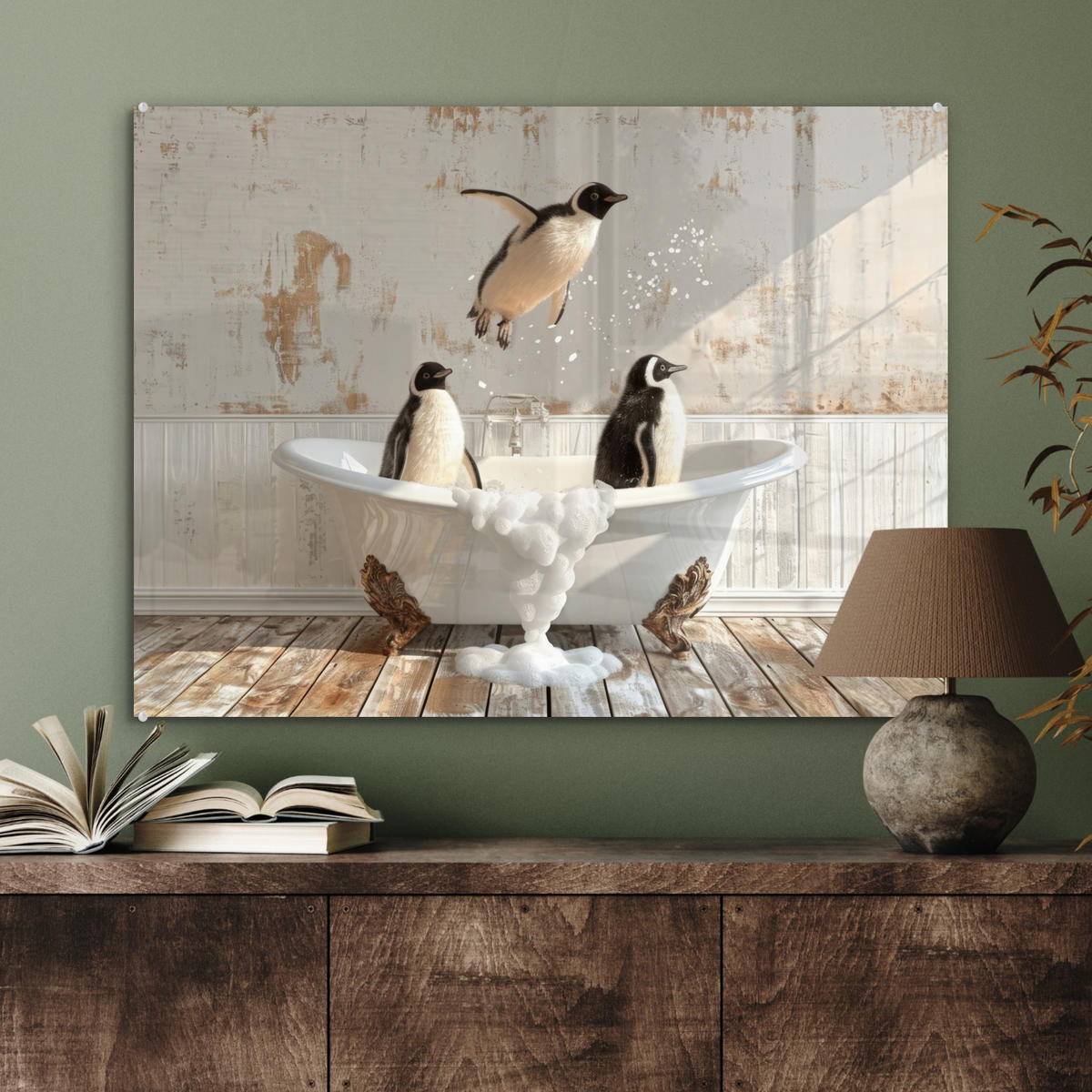 ACRYLGLASBILD Vintage - Pinguin - Badewanne - Schaumstoff 80x60 cm - Schwarz, Glas (80/60cm) - MuchoWow