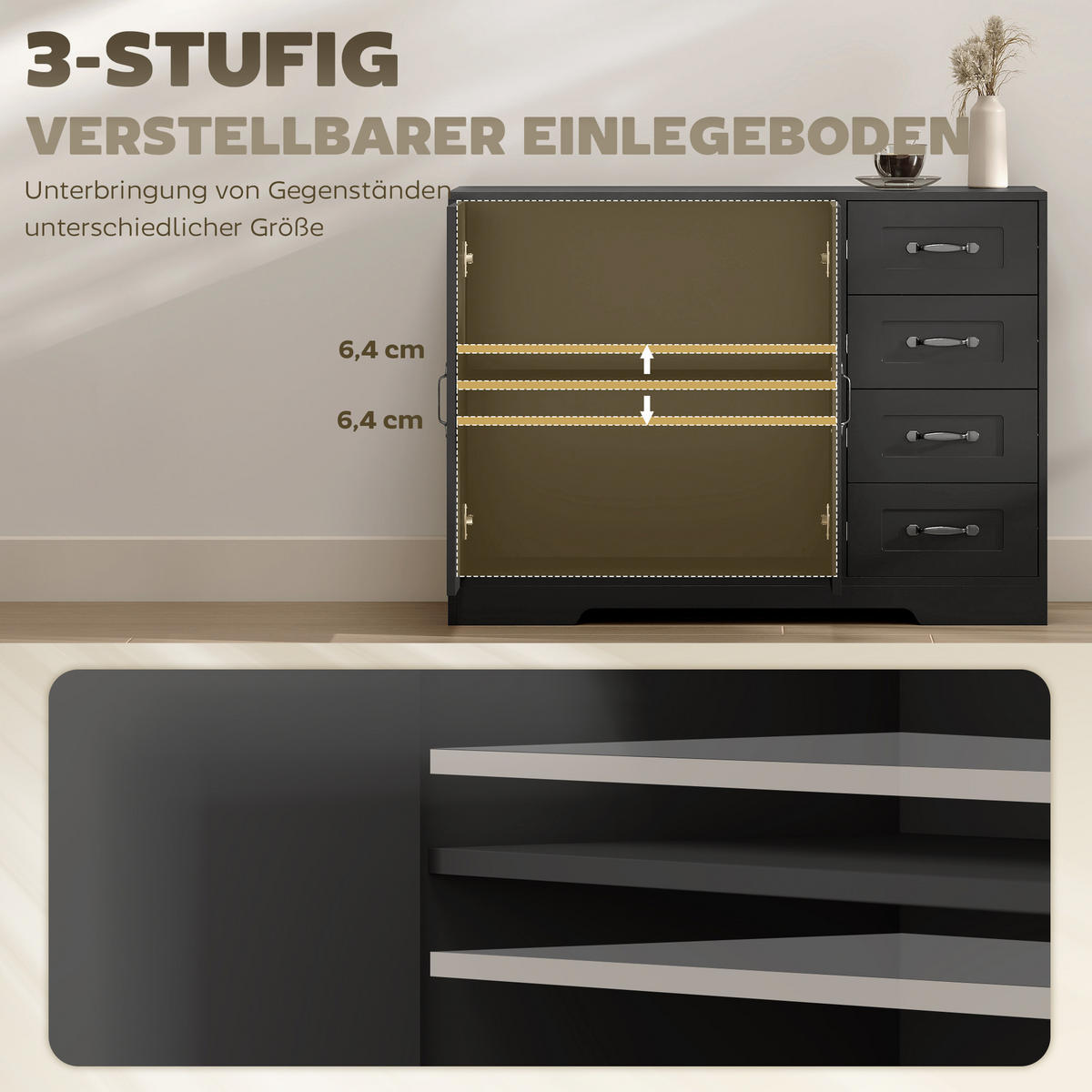 SIDEBOARD, Beistellschrank mit 4 Schubladen, verstellbarer Einlegeboden, Schwarz - Schwarz, Holzwerkstoff/Metall (40/76/105cm) - HOMCOM