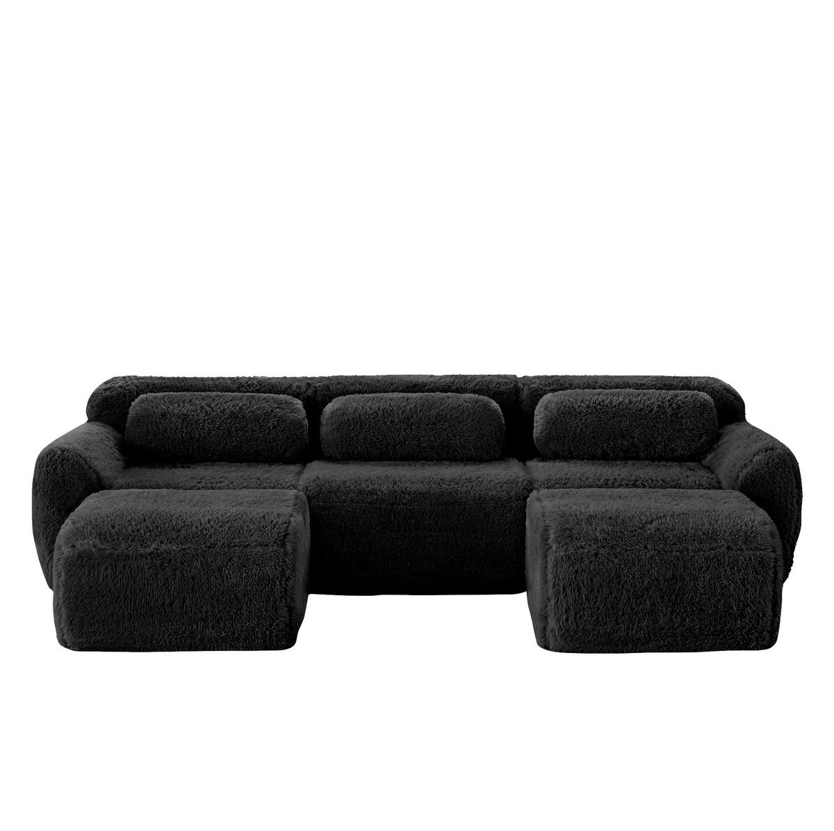 ECKSOFA 291/179/73 cm schwarz aus Plüsch mit U-Form, rutschfester Basis und Kissen - Schwarz, Textil (179/291cm) - OKWISH