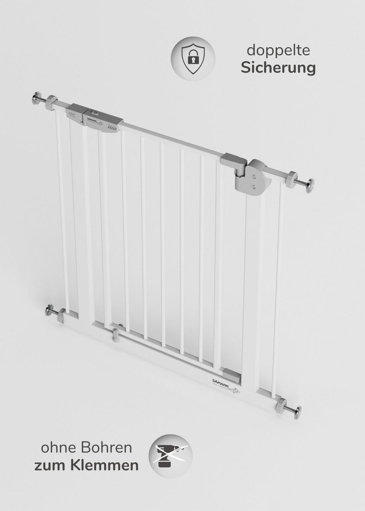 TÜRSCHUTZGITTER & Treppenschutz mit 4x Elefantenfuß, Tür mit 90° Stop, ohne Bohren 135-145 cm - Weiß, Metall (145/5cm) - Sämann – make a difference.