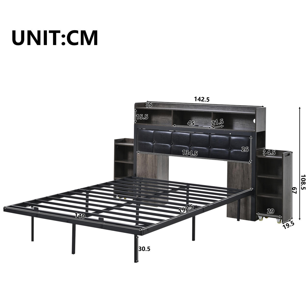 DOPPELBETT 140/190 cm Grau mit LED-Beleuchtung und USB-Ladefunktion aus Metall - Grau, Metall (140/190cm) - OKWISH