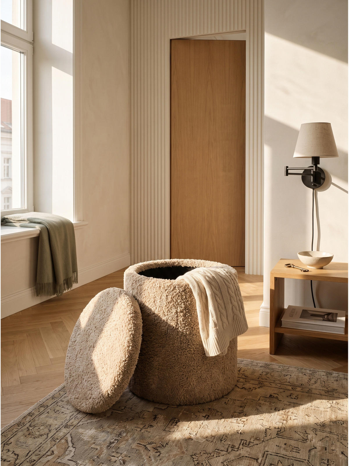 SITZHOCKER RHONE, Stoff, mit Textilbezug, Beige, Ø 40 x 45 cm - Beige, Textil (40/45/40cm) - KADIMA DESIGN