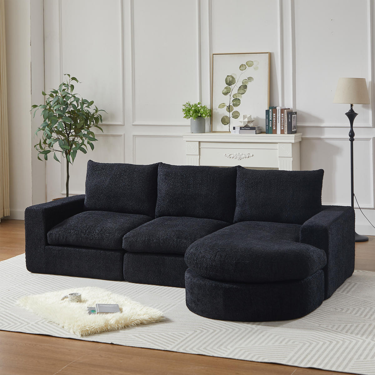 SCHLAFSOFA aus Chenille mit Liegestuhl, montagefrei - Schwarz, Textil (251/81/160cm)