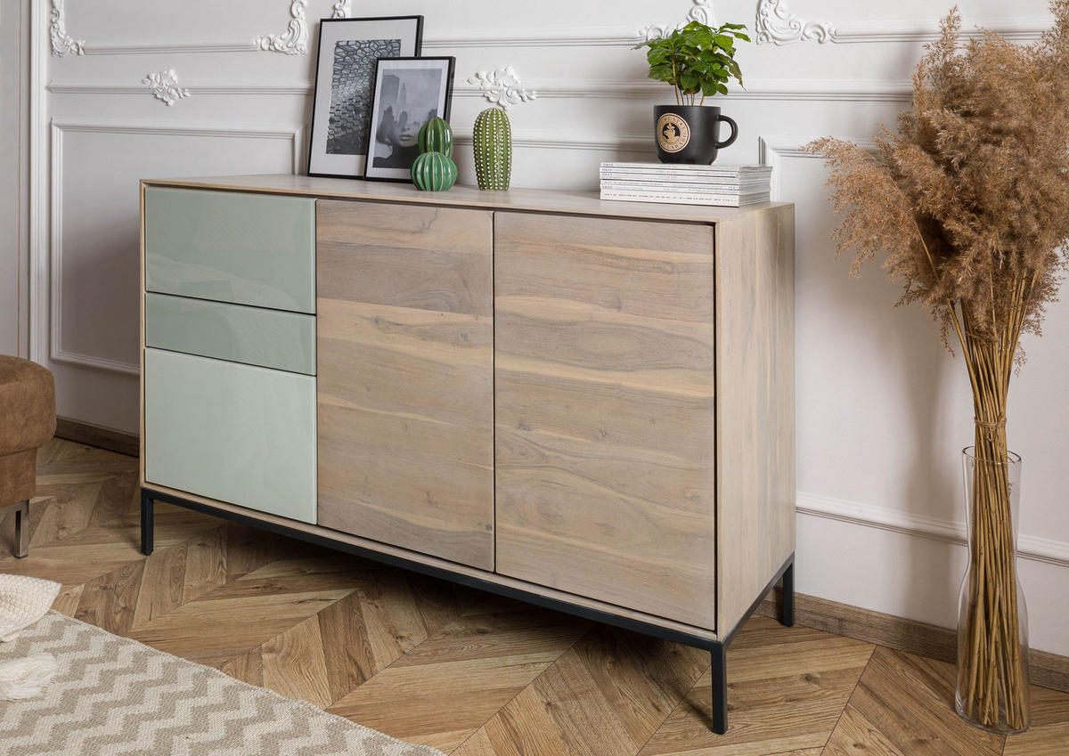 KOMMODE Akazie 134x45x85 grau-weiß geölt CHICAGO #07 - Braun, Holz (134/85/46cm) - Massivmoebel24