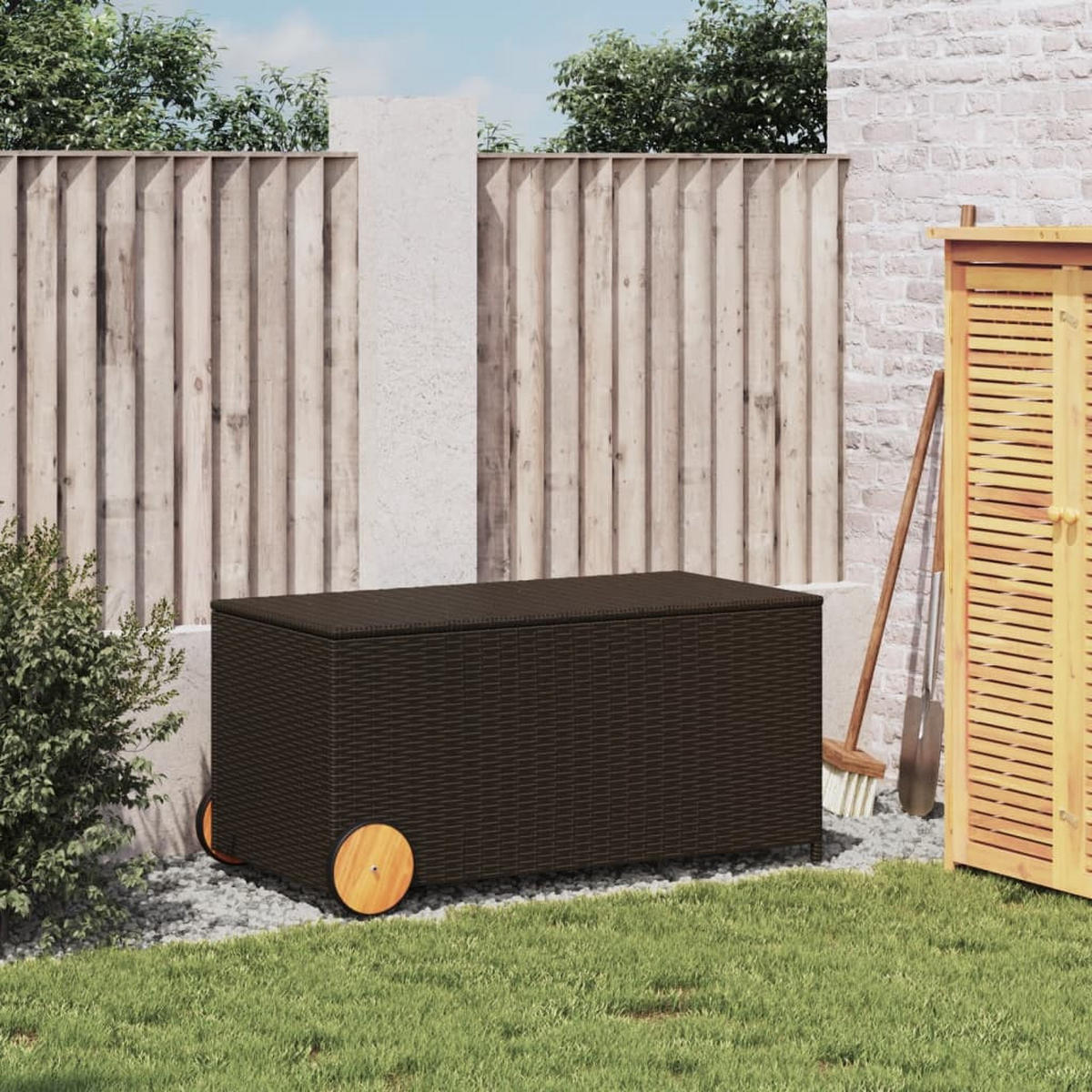 GARTENTRUHE mit Rollen Braun 190L Poly Rattan - Braun, Kunststoff (107/100/55cm) - furnicato