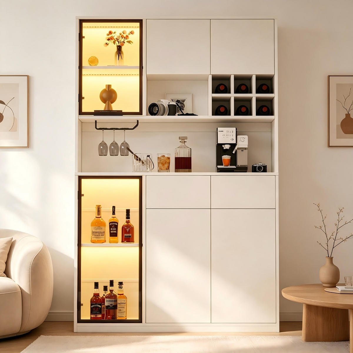 KÜCHENSCHRANK Vitrine weiß mit LED, 120/200/33 cm, Spanplatte und Glas, Weiß, MIT LED-BELEUCHTUNG, für Wohnbereich - Weiß, Holzwerkstoff (33/200/120cm) - Rolipo