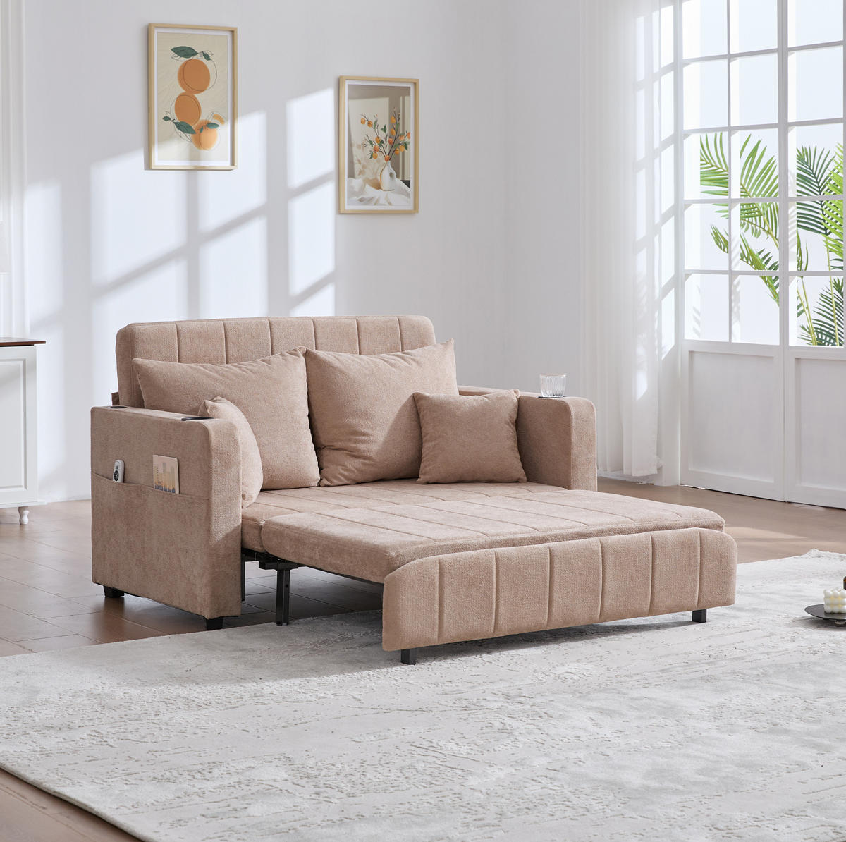 SCHLAFSOFA 139/83/58 cm mit Schlaffunktion, USB-Anschluss, Getränkehaltern und Armlehnentaschen, Chenille, Khaki - Beige, Textil (139/83/73cm) - Redom