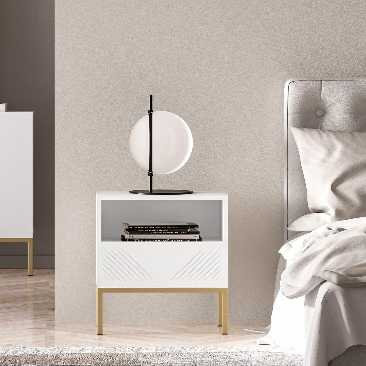 NACHTTISCH NEBRO,Weiß/Goldfarben - Goldfarben/Weiß, Holzwerkstoff (50/53/34cm) - KONSIMO®