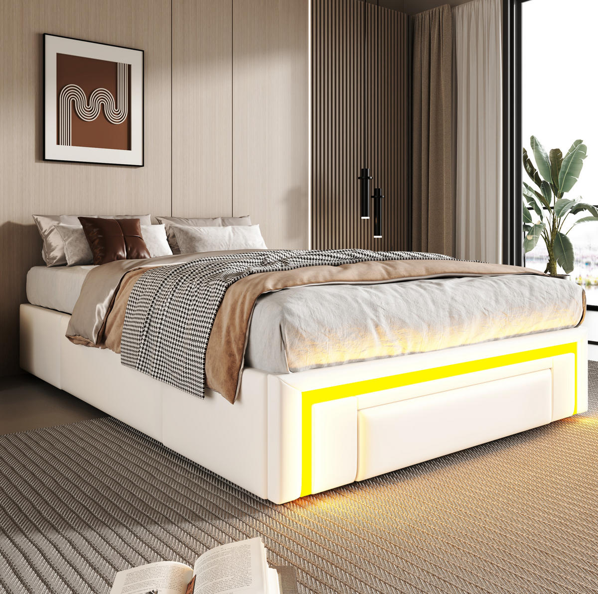 POLSTERBETT 90/200 cm mit Schubladen, LED-Lichtleiste und Metallrahmen, Weiß - Weiß, Textil (90/200cm) - Redom