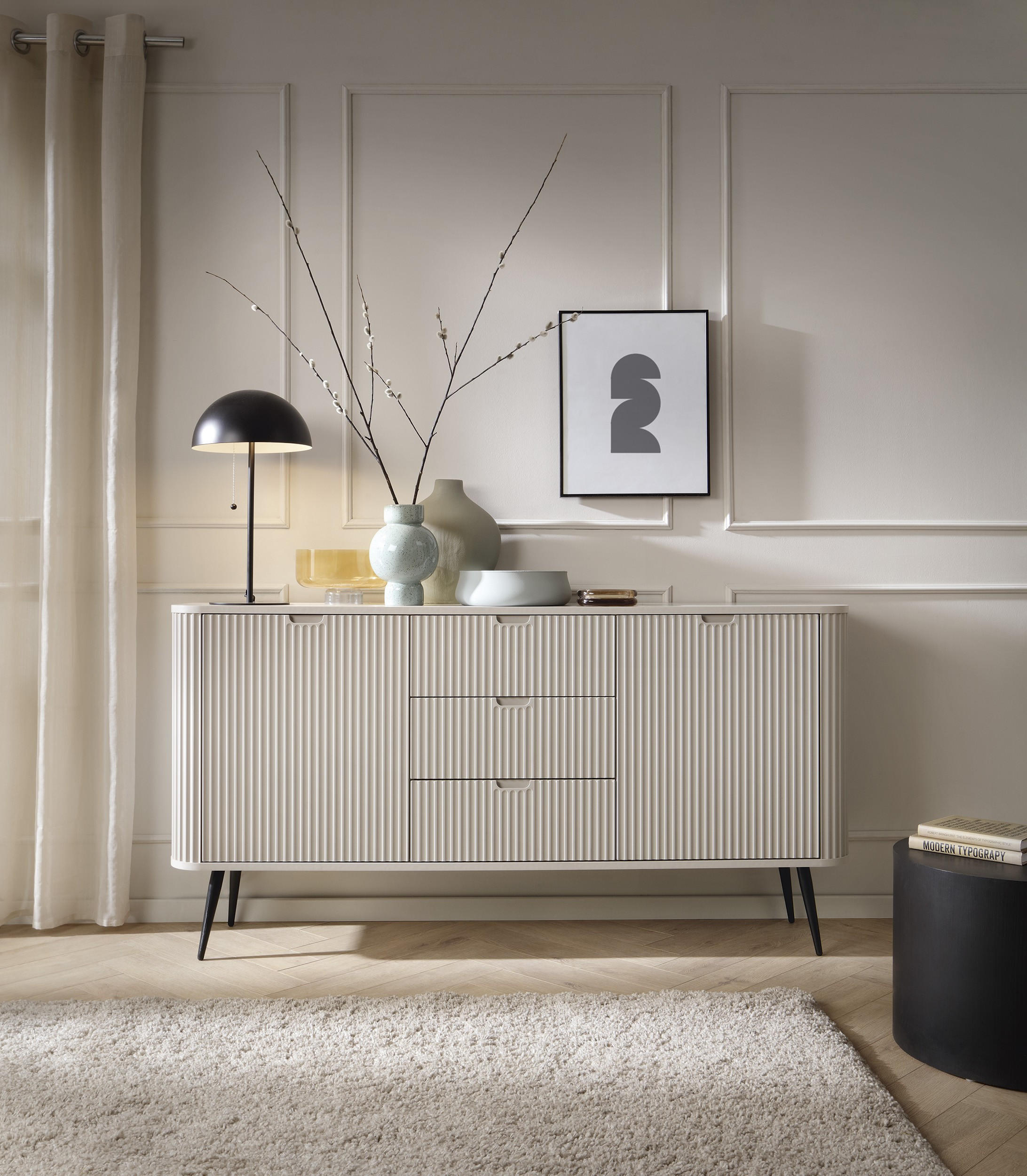 KOMMODE Zova Beige, Goldene Beine, Kombikommode - Beige/Goldfarben, Holzwerkstoff/Metall (168/87/39cm) - Bettso