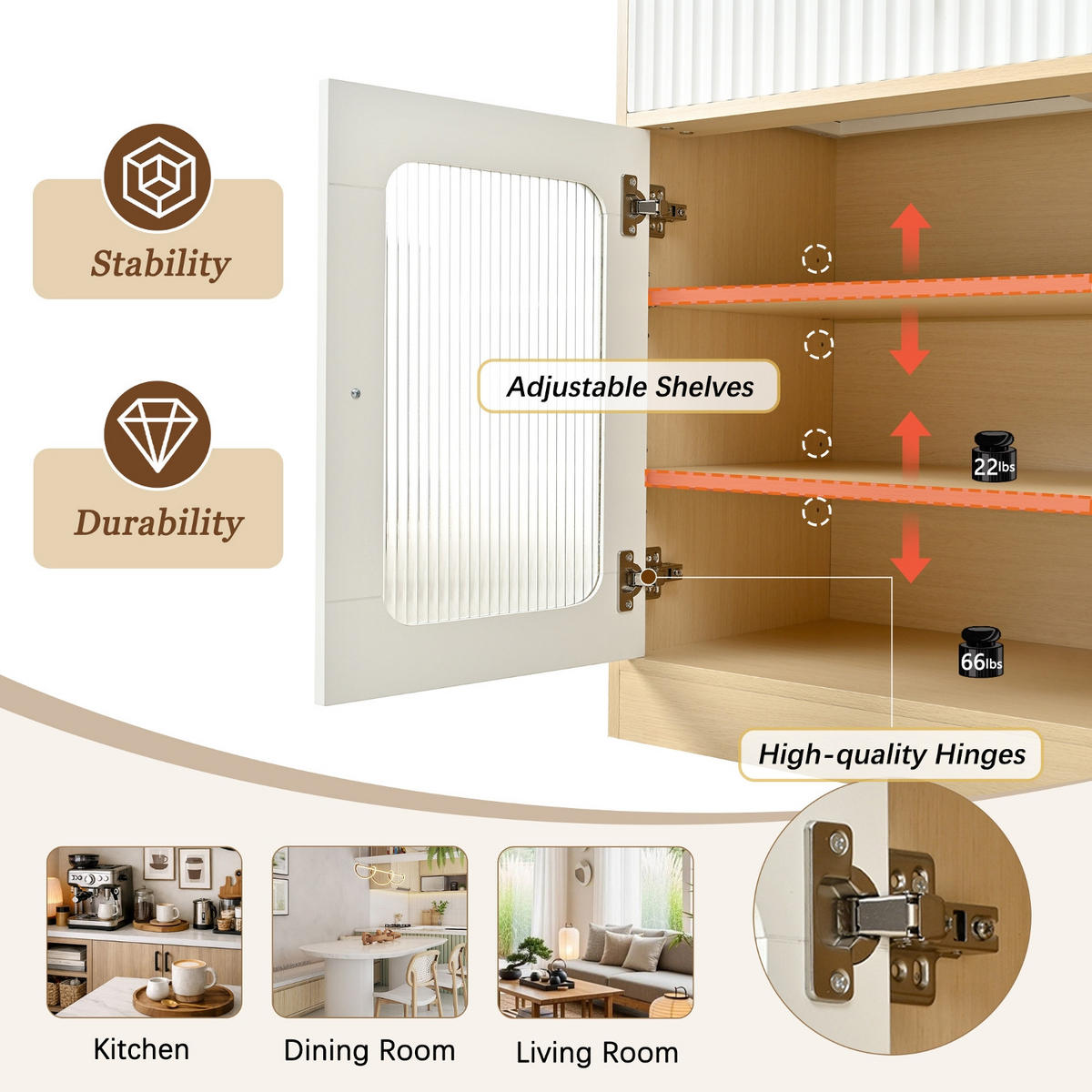 KÜCHENSCHRANK Naturholzoptik, 80/180/40 cm, MDF und Riffelglas, Natur, MIT LED-BELEUCHTUNG, für Esszimmer und Küche - Weiß, Holzwerkstoff (40/180/80cm) - Rolipo