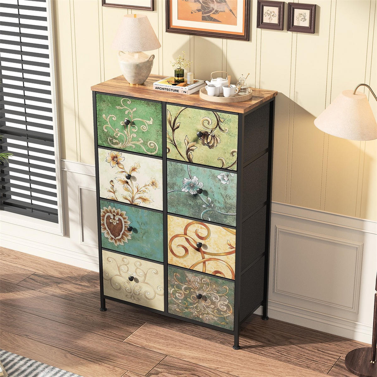KOMMODE mit 8 Schubladen - bunte Vintage-Muster und Schwarzer Griff - Mehrfarbig - Multicolor, Metall (67.5/100/30cm) - DELFA