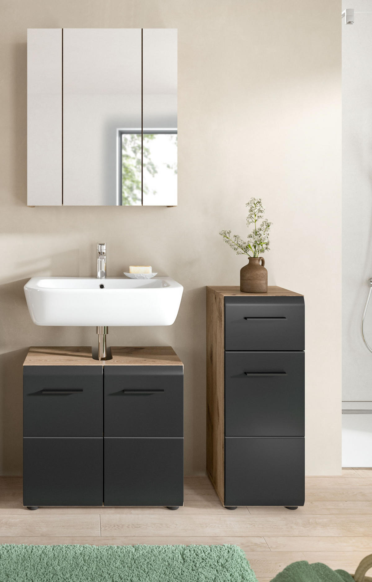 BADMÖBEL Set 3-teilig in schwarz matt und Nox Eiche Badkombination 105 x 185 cm Cover - Eichefarben/Schwarz, Glas/Holzwerkstoff (105/185/30cm) - Inn.Furn