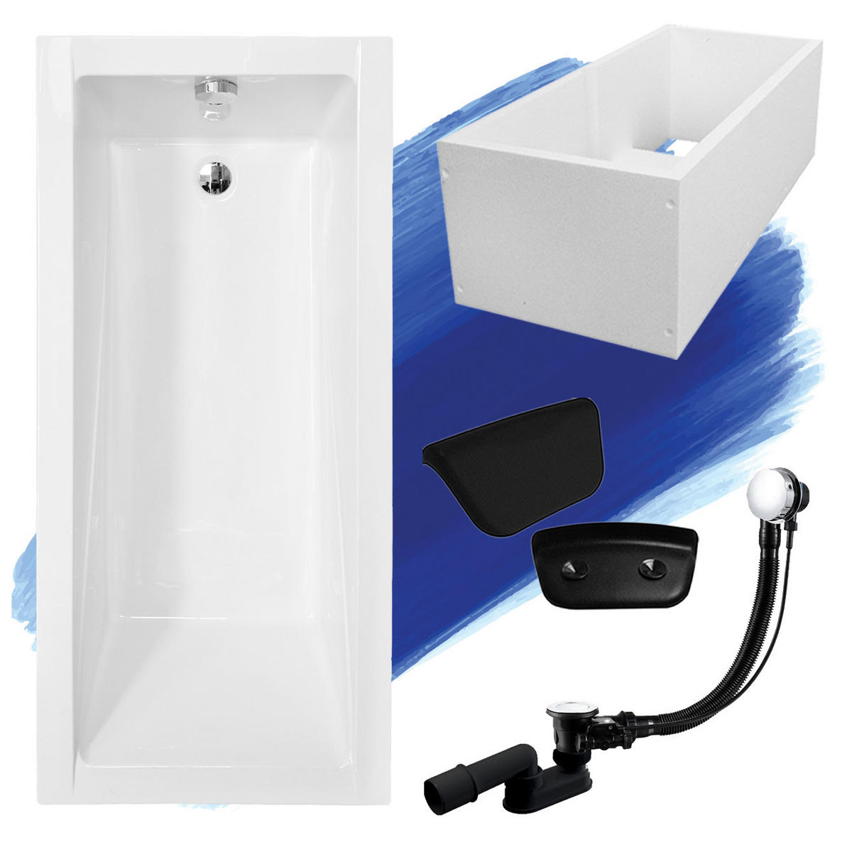 BADEWANNE Rechteck MODERN 180/80 + Träger + Kopfstütze Ablauf Füße - Weiß, Kunststoff (80/58.5/180cm) - bad land