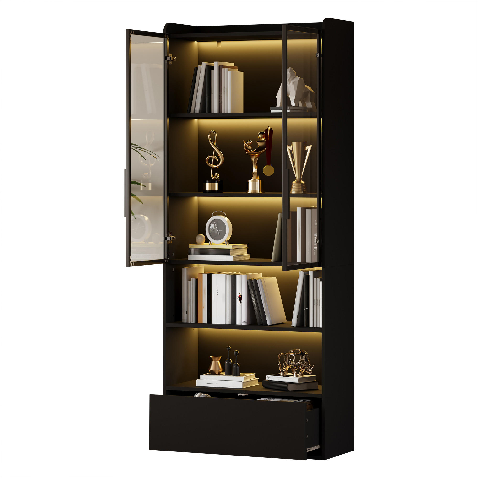 VITRINE schwarz mit Glastüren, einer Schublade und App-gesteuerter LED-Beleuchtung 80 × 34 × 180 cm aus MDF und Glas - Schwarz, Holzwerkstoff (80/180/34cm) - Luhomfu