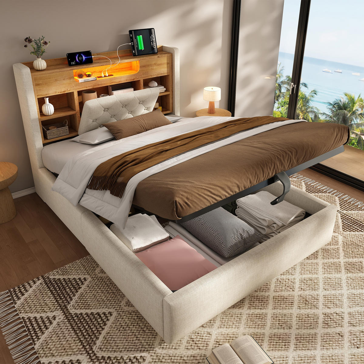 POLSTERBETT 90/200 cm Beige mit LED-Beleuchtung und Stauraum-Kopfteil - Beige, Textil (90/200cm) - Oxeza
