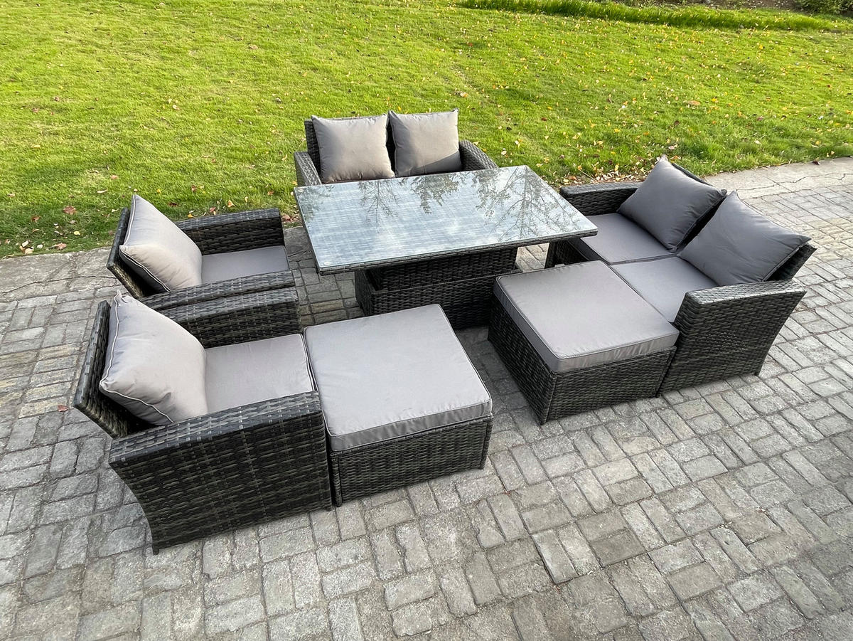 GARTENMÖBEL Set Polyrattan Dunkelgrau 8-Sitzer - Dunkelgrau, Metall - Fimous