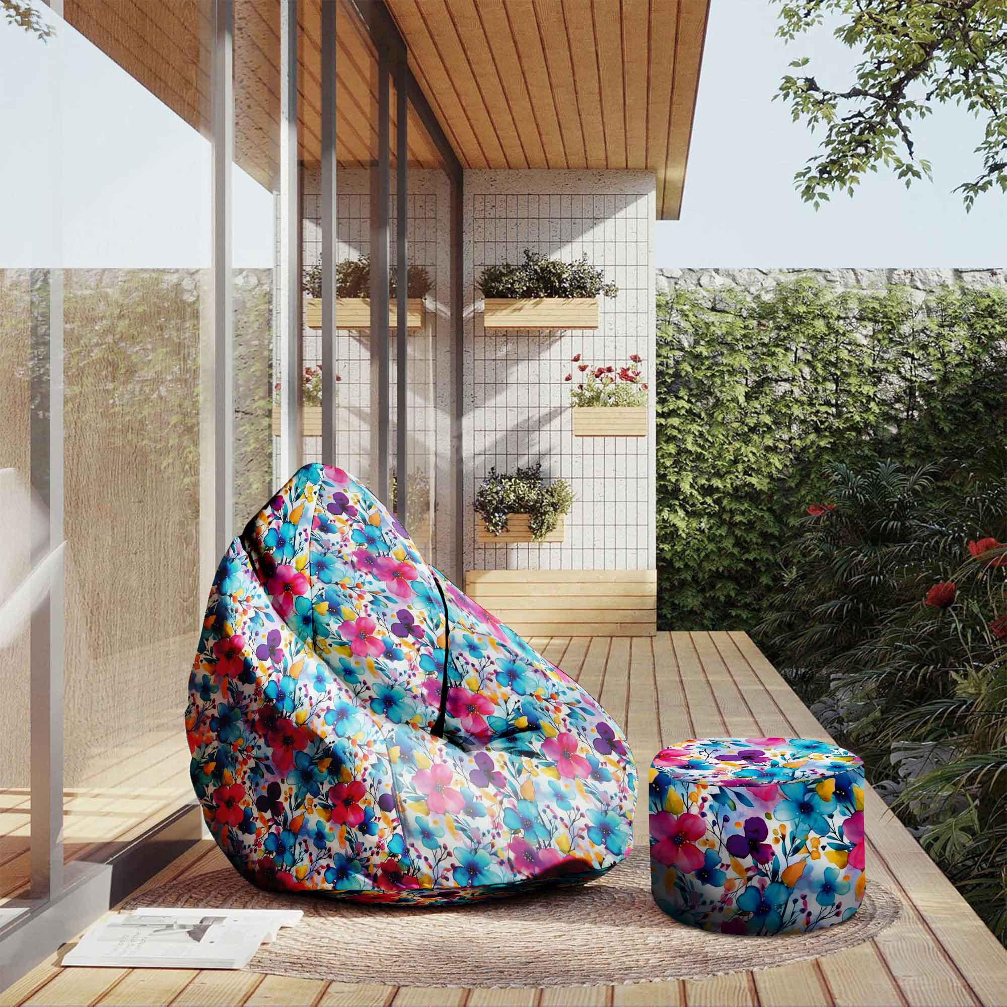 SITZSACK MIT FUßSTÜTZE Velvet 2-tlg Yellow and Blue Flowers M - Blau, Textil (80/120/80cm) - Dreamroots