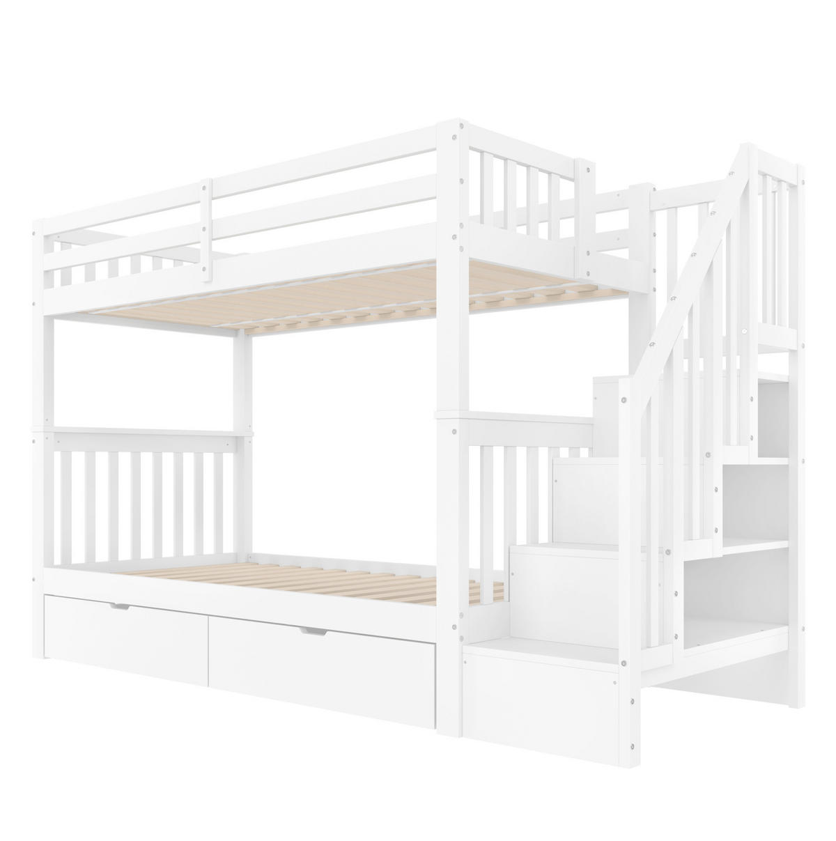 ETAGENBETT aus Kiefernholz und MDF 90x200 cm Weiß mit Stauraumtreppe und 2 Schubladen - Weiß, Holzwerkstoff (90/200cm) - IVMEU