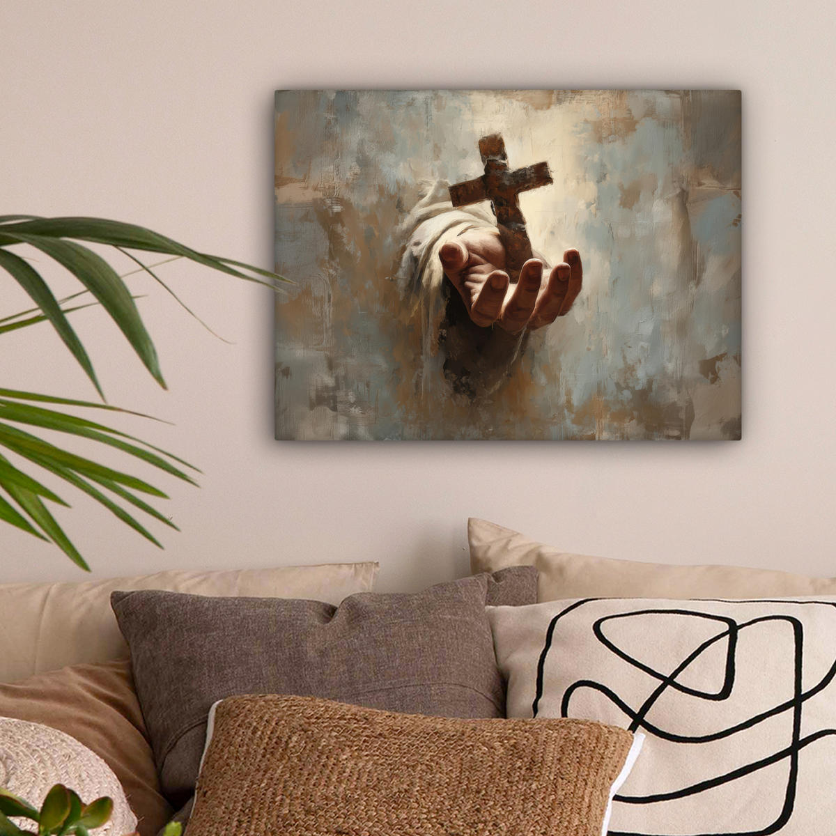 LEINWANDBILD Abstrakt - Kreuz - Hand - Christentum Wandbild 40x30 cm - Hellbraun, Textil (40/30cm) - MuchoWow