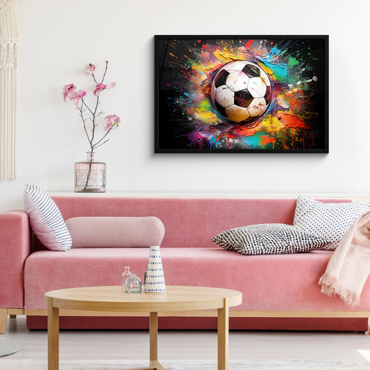 POSTER MIT RAHMEN Fußball - Farbe - Farben - Schwarz - Weiß 90x60 cm - Weiß, Papier (90/60cm) - MuchoWow