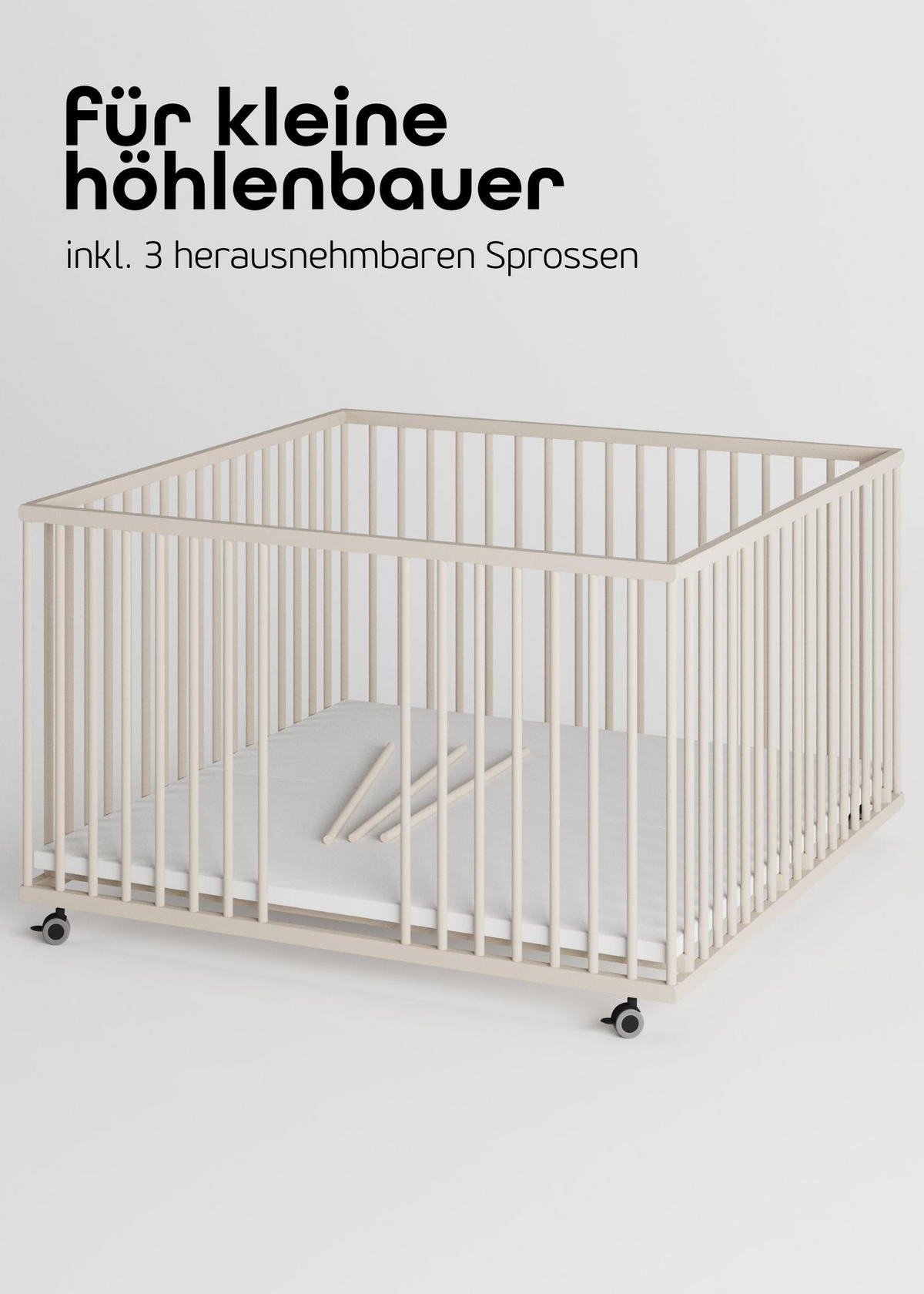 LAUFGITTER XXL 120x120 cm mit Matratze Cloud Air & Schlupfsprossen - sahara dust - Premium Kollektion - Sandfarben, Holz (120/74/120cm) - Sämann – make a difference.