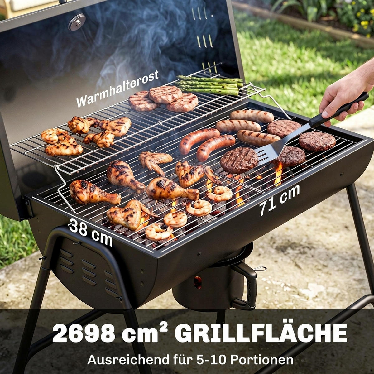 HOLZKOHLEGRILL Schwarz 95.0/71.5/102.0 cm - Schwarz, Metall (71.5/102/95cm)