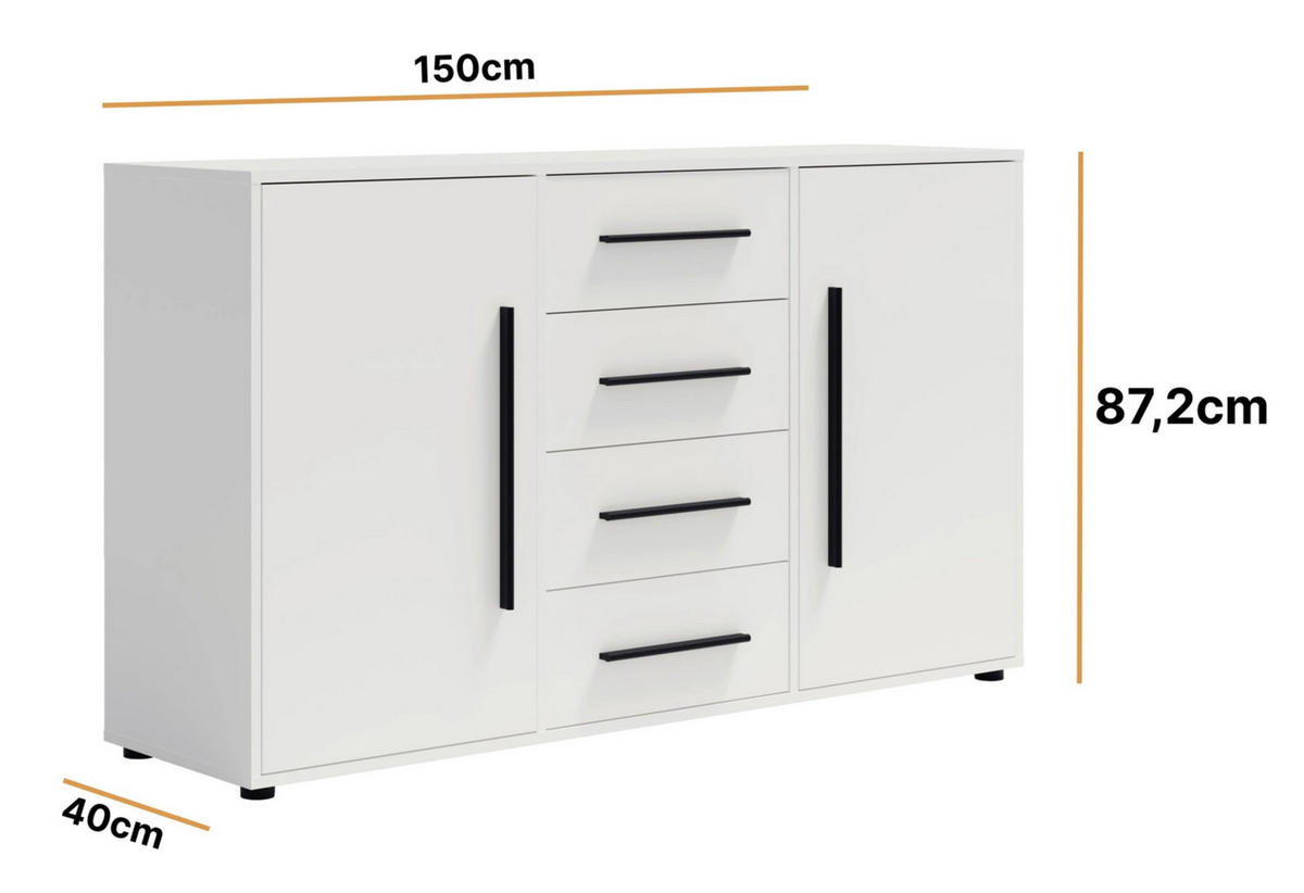 KOMMODE Modena K2D4SZ 150 cm in Weiß mit Türen und Schubladen - Schwarz/Weiß, Holzwerkstoff/Kunststoff (150/87/40cm)