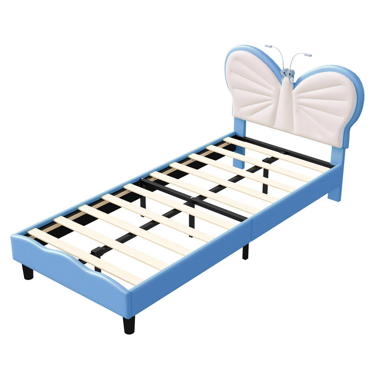 KINDERBETT 90 x 200 cm, Kopfteil in Schmetterlingsform, mit integrierter LED-Leselampe & höhenverstellbarem Kopfteil,Samtmaterial,Weiß und blau - Hellblau, Holz/Metall (90/200cm) - BursDany