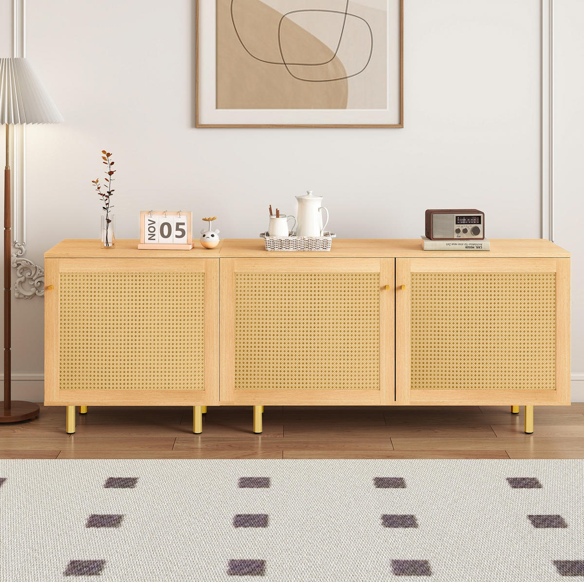 SIDEBOARD 180/40/63 cm aus MDF mit modularem Stauraum und goldfarbenen Griffen, Natur - Naturfarben, Holzwerkstoff (180/63/40cm) - Redom