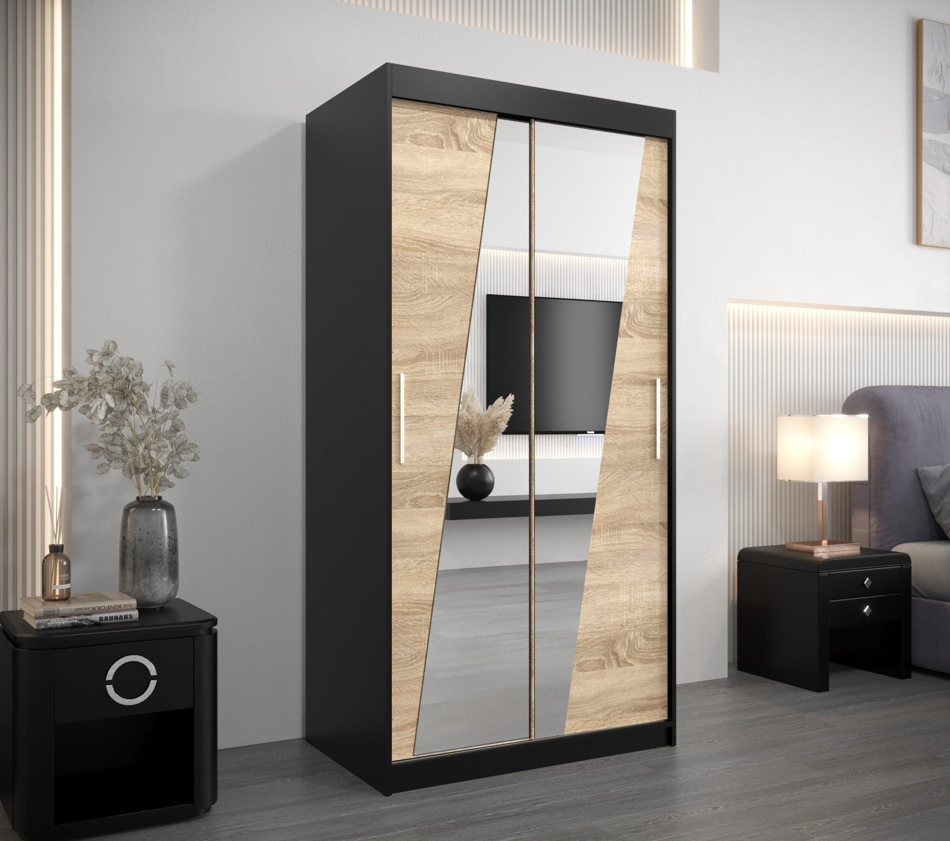 SCHWEBETÜRENSCHRANK 200/100/62 2-türig - Silberfarben/Schwarz, Holz/Kunststoff (100/200/62cm) - Abiks Möbel