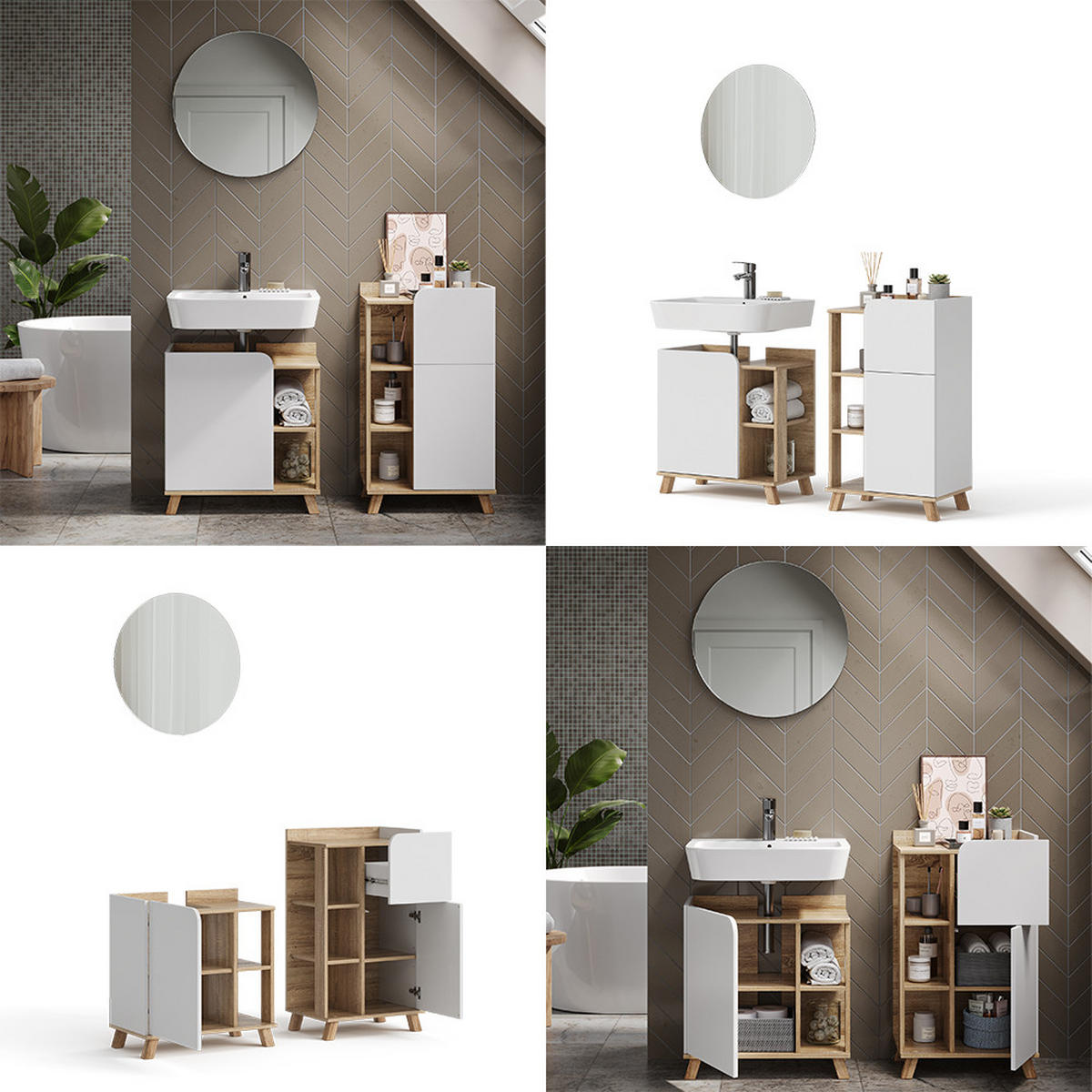 BADMÖBEL-SET Karen Sonoma/Weiß 3 Teile, mit Midischrank - Weiß/Sonoma Eiche, Holzwerkstoff (60/65/35cm) - Vicco