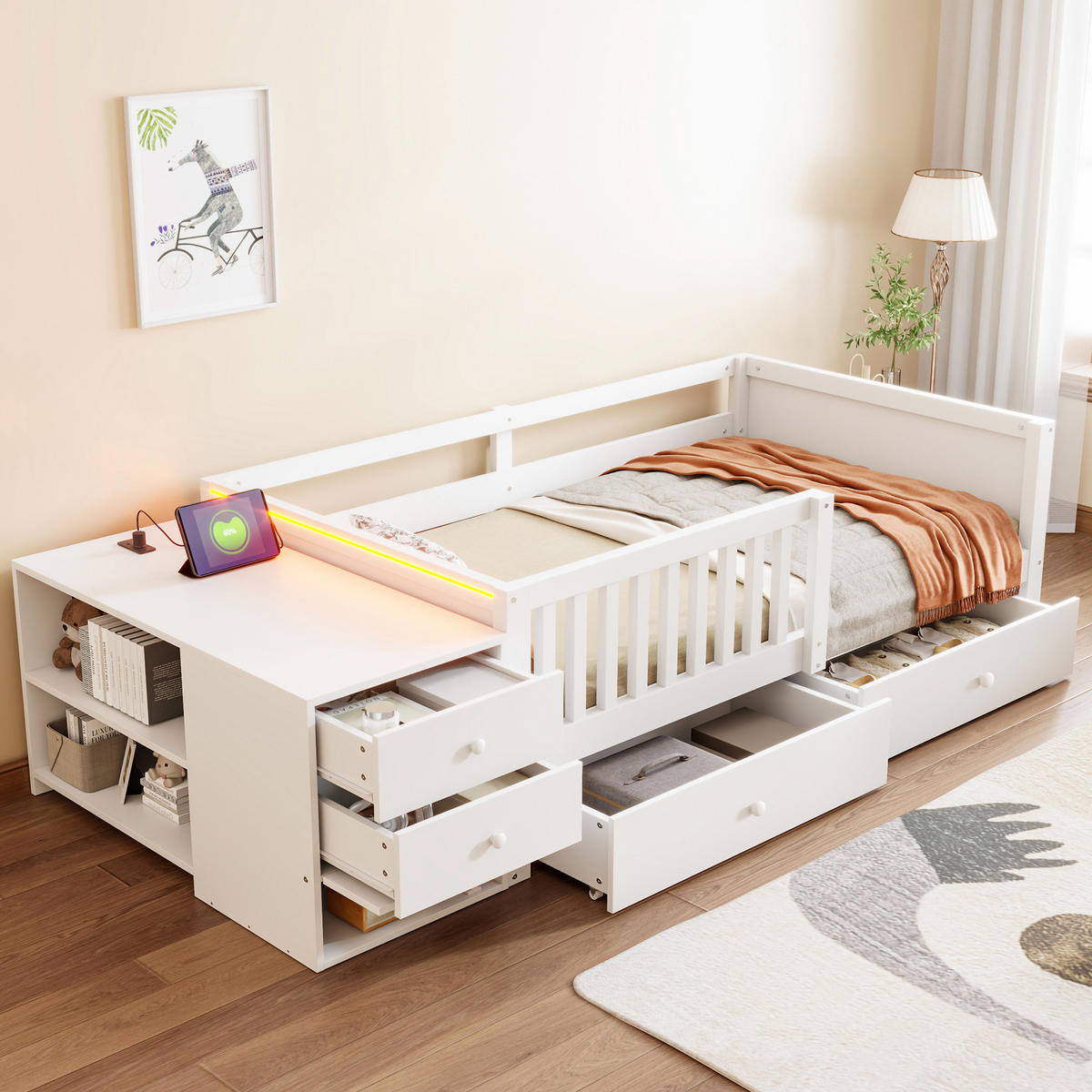 KINDERBETT 90/200 cm in Weiß mit 2 Schubladen, Regalen, Klapptür, Steckdose und LED aus Holz - Weiß, Holzwerkstoff (90/200cm) - STILVORA