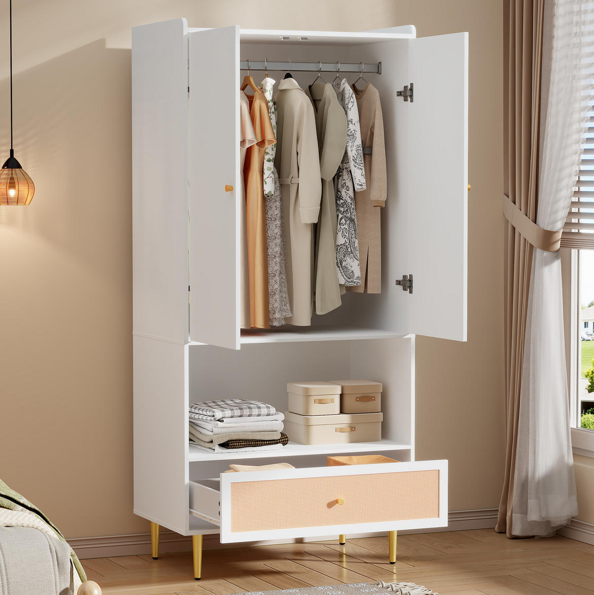 KLEIDERSCHRANK aus Spanplatte 48x80x175 cm Weiß/Natur mit 2 Türen, Schublade und Kleiderstange mit PE-Rattan-Fronten - Naturfarben, Holzwerkstoff (80/175/48cm) - Modfu