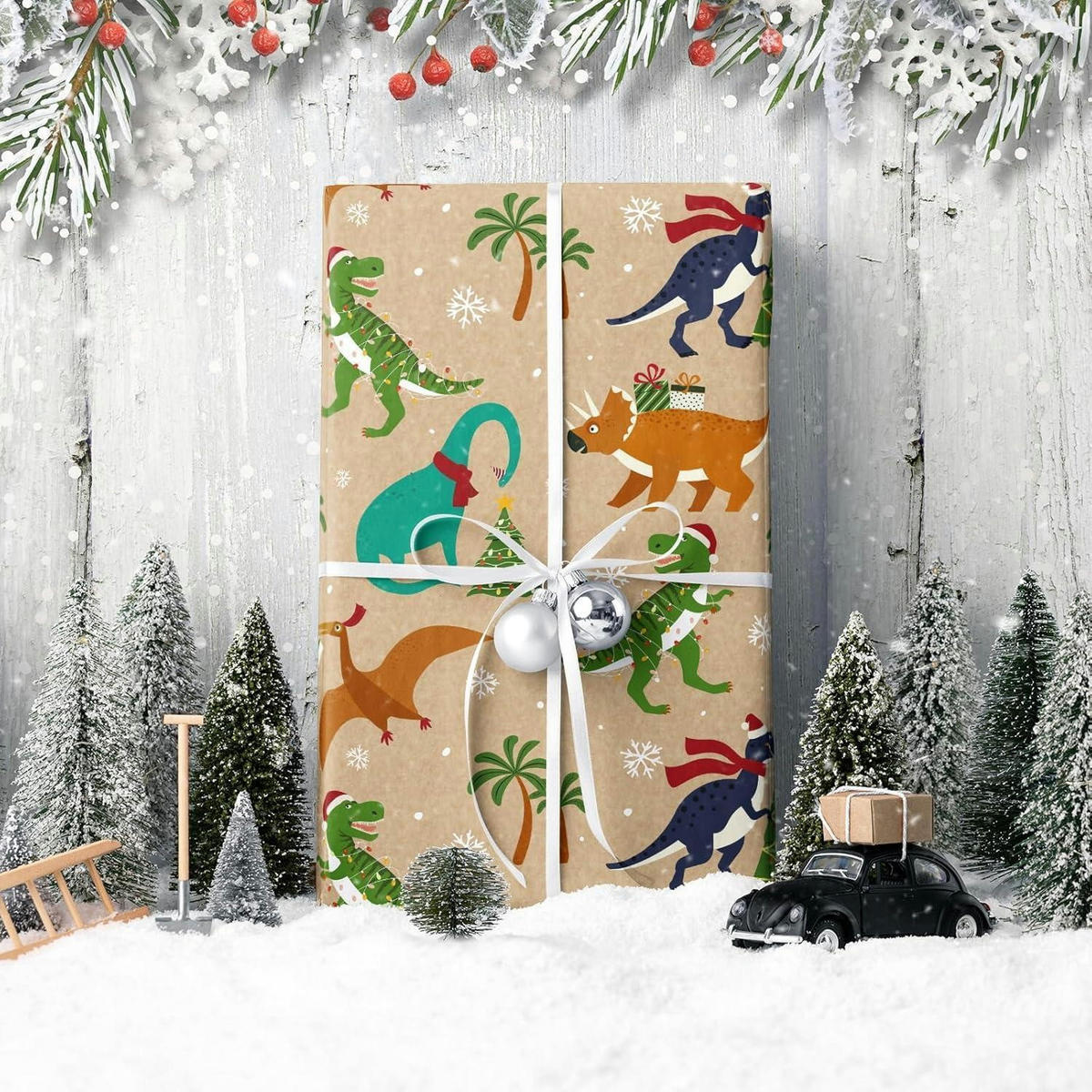 GESCHENKPAPIER Rolle Weihnachtsdinosaurier 43,2 cm x 10 m Kraftpapier - Multicolor, Papier (43.2/1/1000cm)