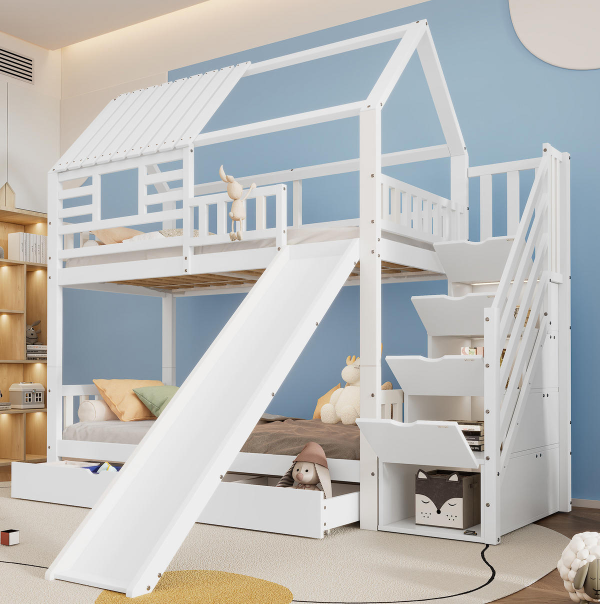 ETAGENBETT 90/200 cm in Weiß mit Treppe, Rutsche und Stauraum - Weiß, Holzwerkstoff (90/200cm) - OKMYHOME
