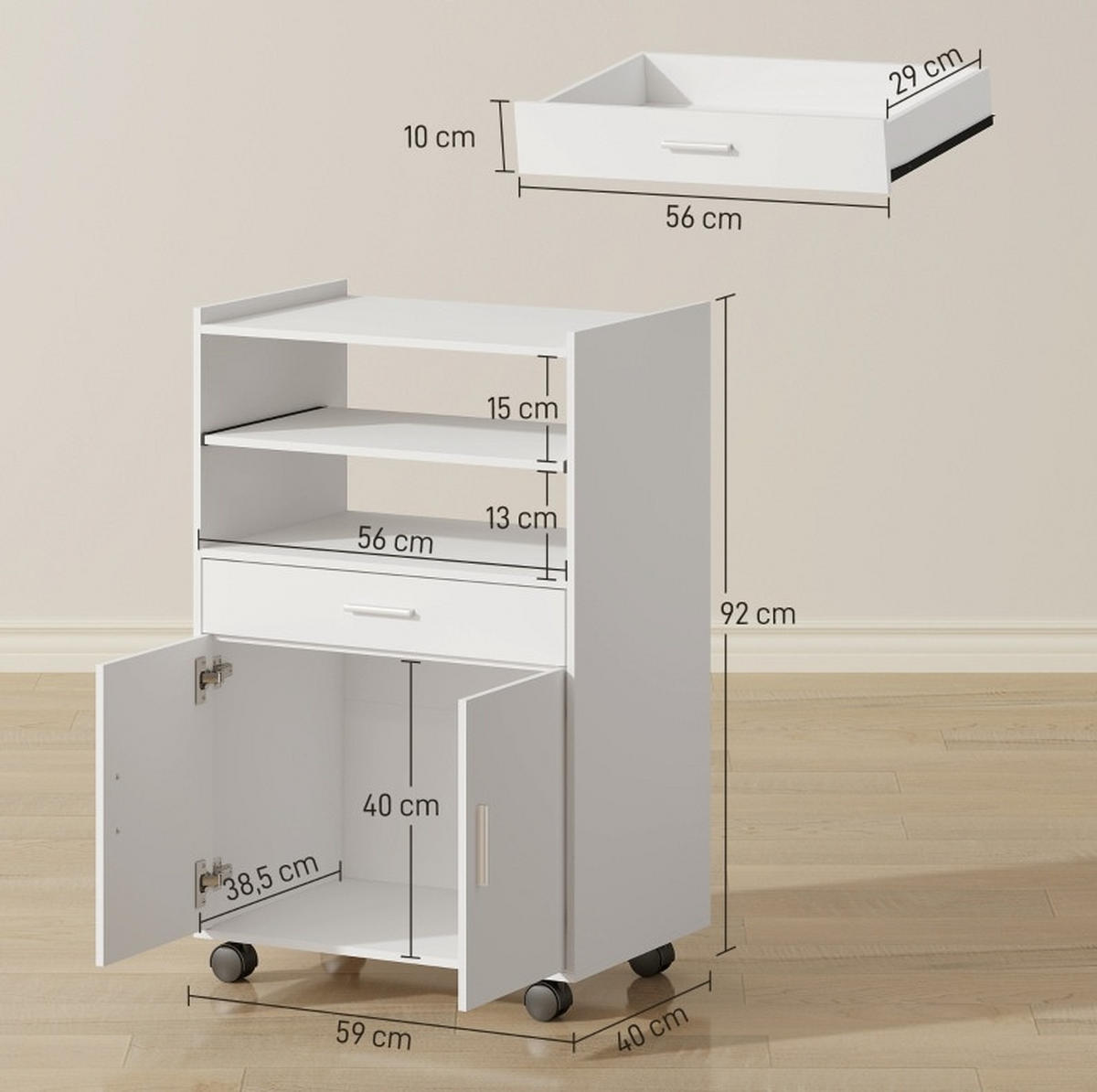 BUFFETSCHRANK mit Rollen, Schublade und Doppeltürschrank im minimalistischen Design, Weiß - Weiß, Holz (59/92/40cm) - Redom