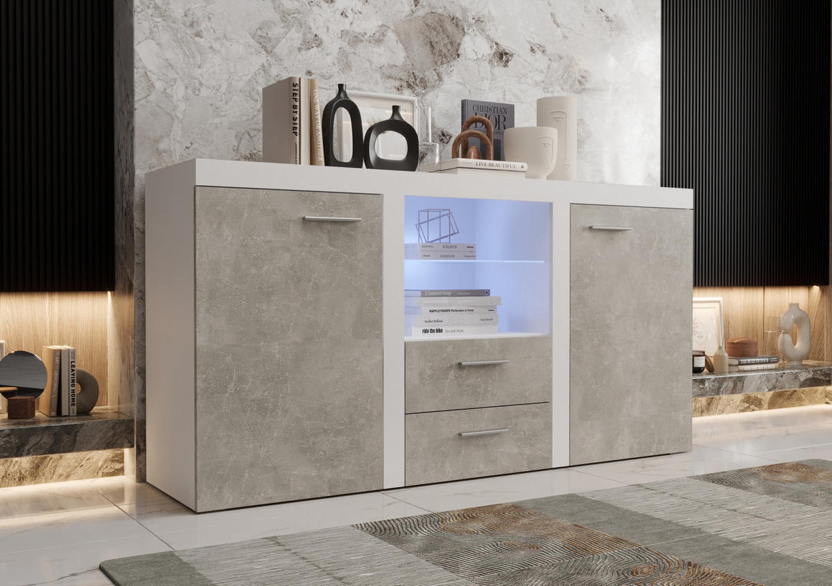 KOMMODE London LRK mit 2 Türen, Sideboard in Farbe: Weiß|Grau, Größe: 156 x 82 x 40 cm - Weiß/Grau, Holzwerkstoff (156/82/40cm) - O-Sofa