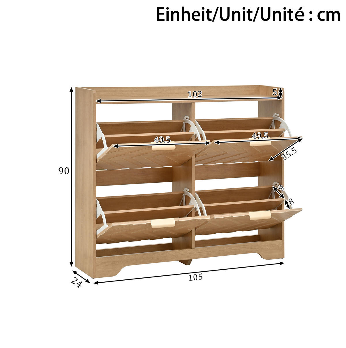SCHUHSCHRANK mit 4 Klappfächern 105 x 24 x 90 cm MDF Natural - Braun, Holz (24/90/105cm) - Beauniv