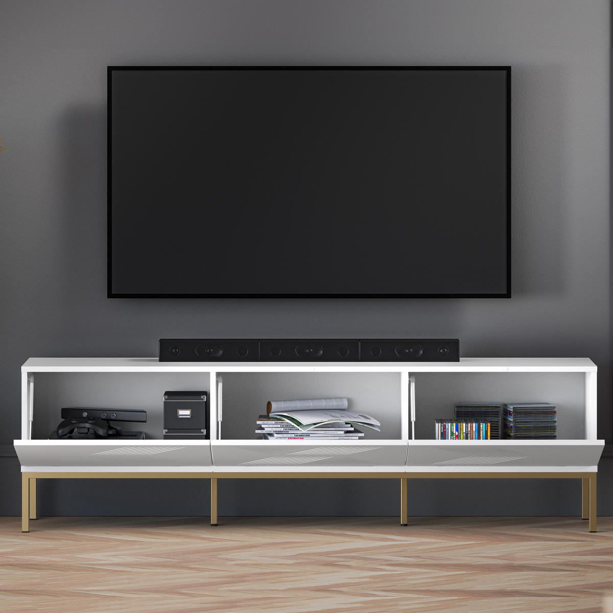 TV-MÖBEL NEBRO,Weiß/Goldfarben - Goldfarben/Weiß, Holzwerkstoff (170/50/37cm) - KONSIMO®