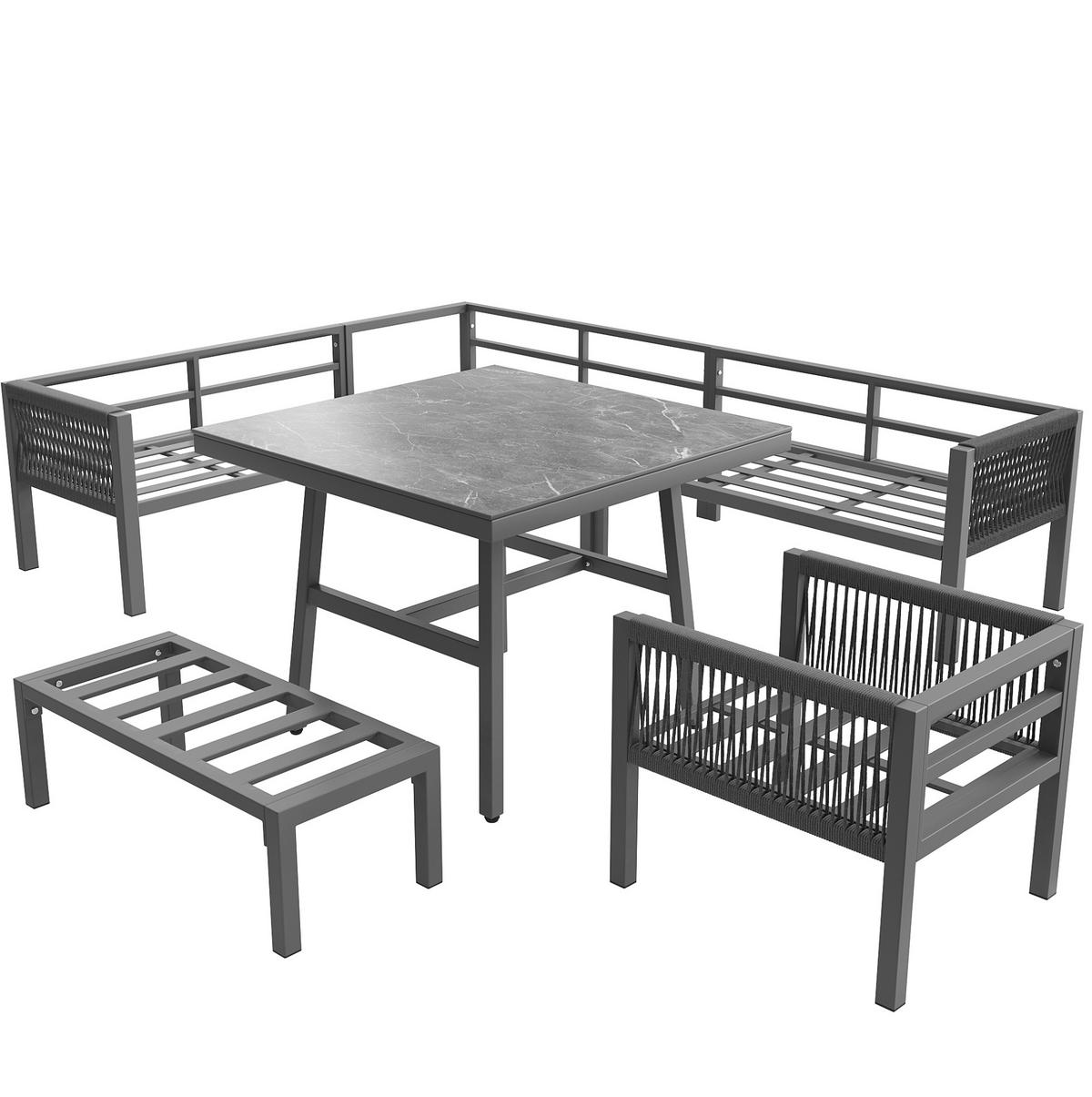 GARTENLOUNGE-SET, Eisen mit Marmorglas-Tisch, modular für 8 Personen, 118/61/80 cm, Grau - Grau, Metall - Redom