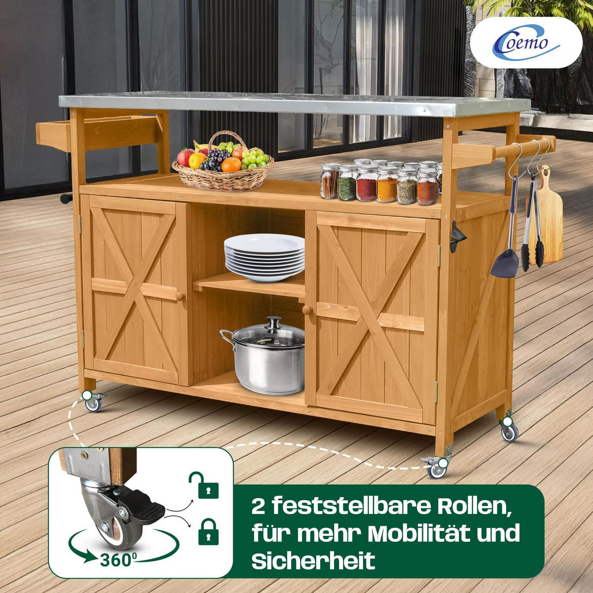 SERVIERWAGEN JAMES OUTDOOR 138/47/92 cm - Braun, Holz (47/92/138cm) - Coemo