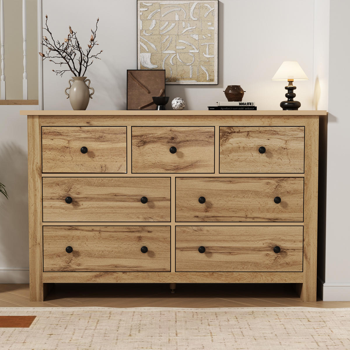 SIDEBOARD Holz 7 Schubladen Modern Stauraum Minimalistisch - Naturfarben, Holzwerkstoff (40/89/152cm) - FLIEKS