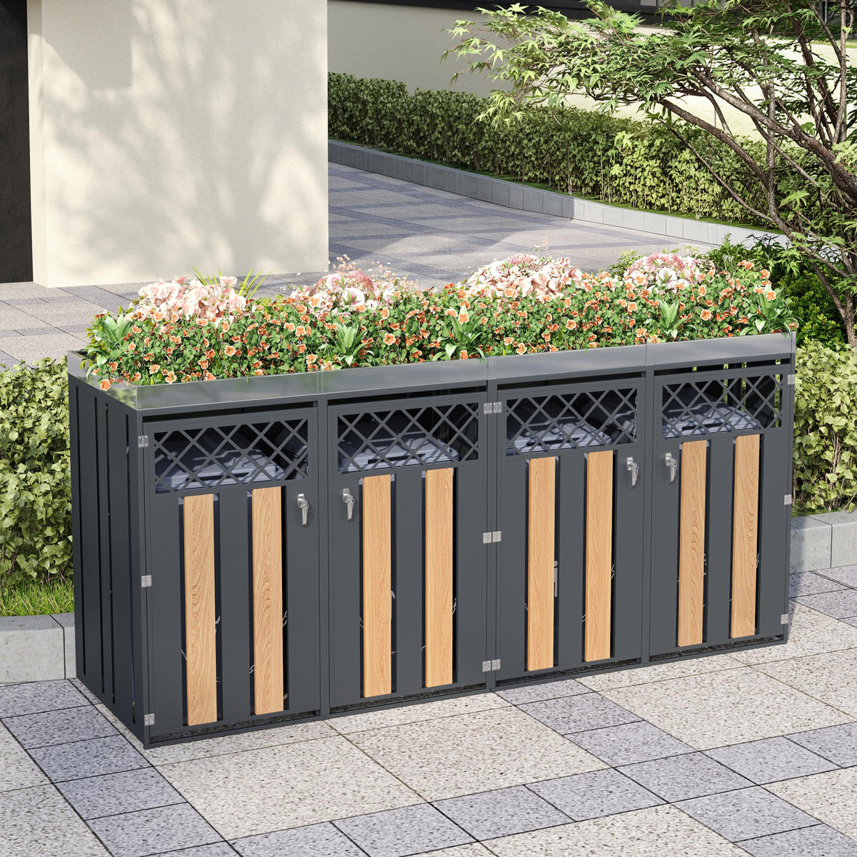 MÜLLTONNENBOX 4 Türen abschließbar Pflanzdach Belüftung - Multicolor, Metall (160/163/264cm) - FLIEKS